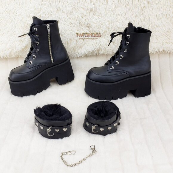Goth Punk Platform Ankle Boots Furry Chain Cuff 57 - Picture 14 of 16